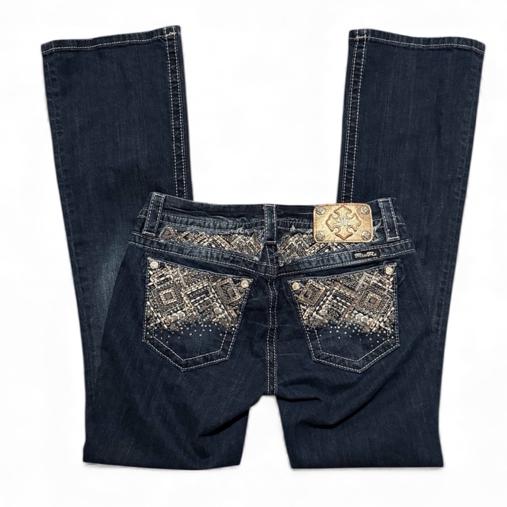 Miss Me Dark Blue Boot Cut Jeans with Embroidery/Rhinestone embellishment sz 28